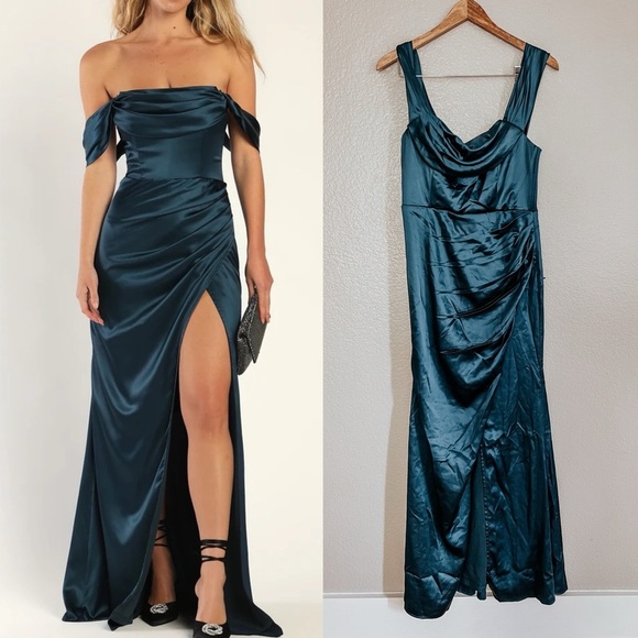 Stunning Arrival Dark Teal Satin Off-The-Shoulder Maxi Dress - Picture 1 of 5